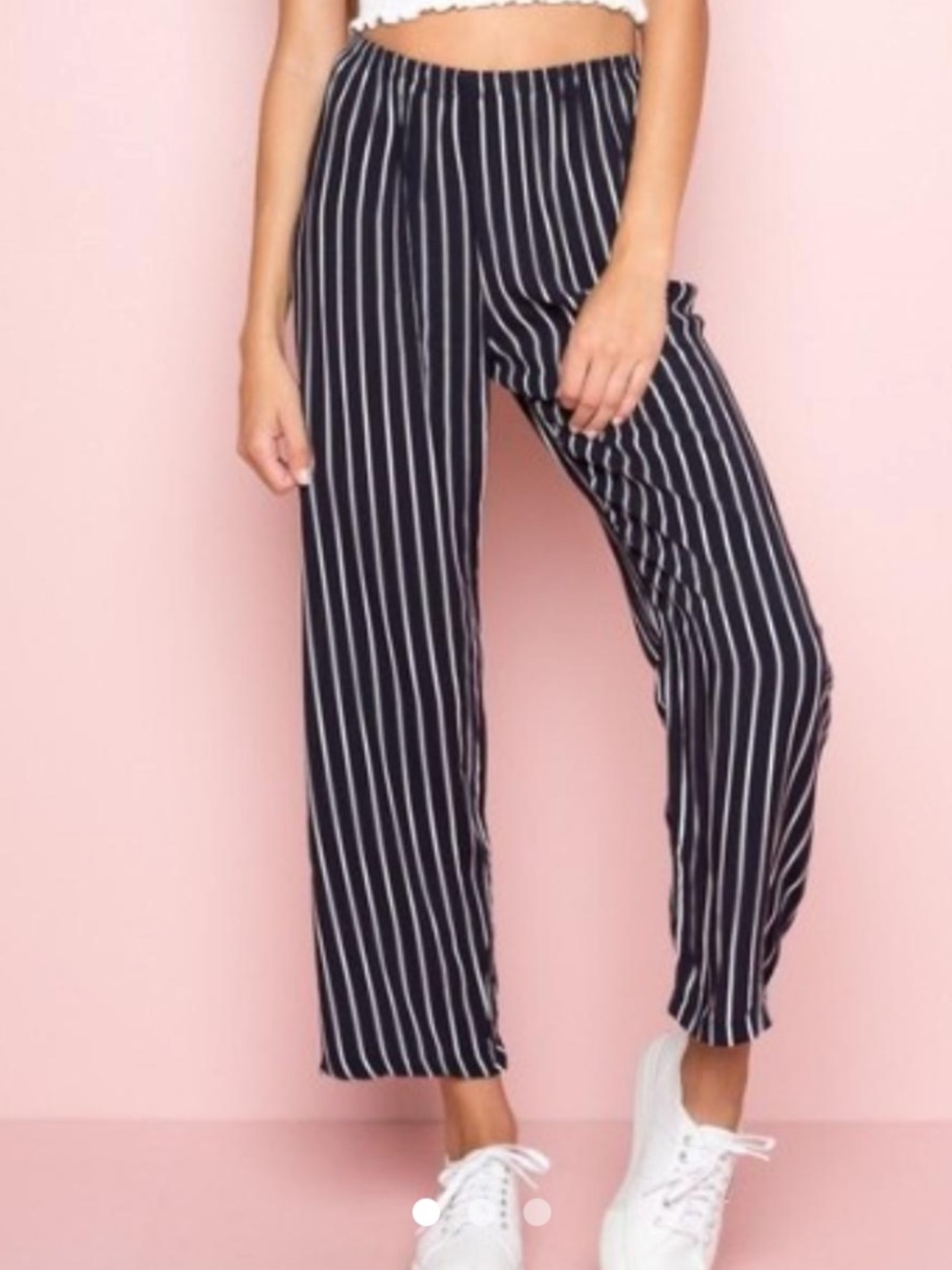 Brandy Melville Navy and White Pinstripe Wide-Leg Pants